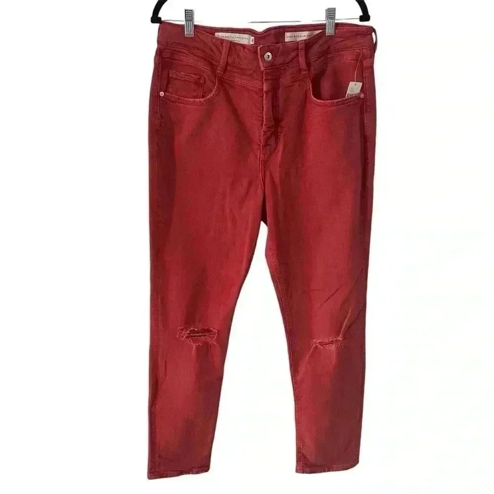Anthropologie Pilcro Womens 32 Tall Red High Rise‎ Thrashed Skinny Jeans Stretch